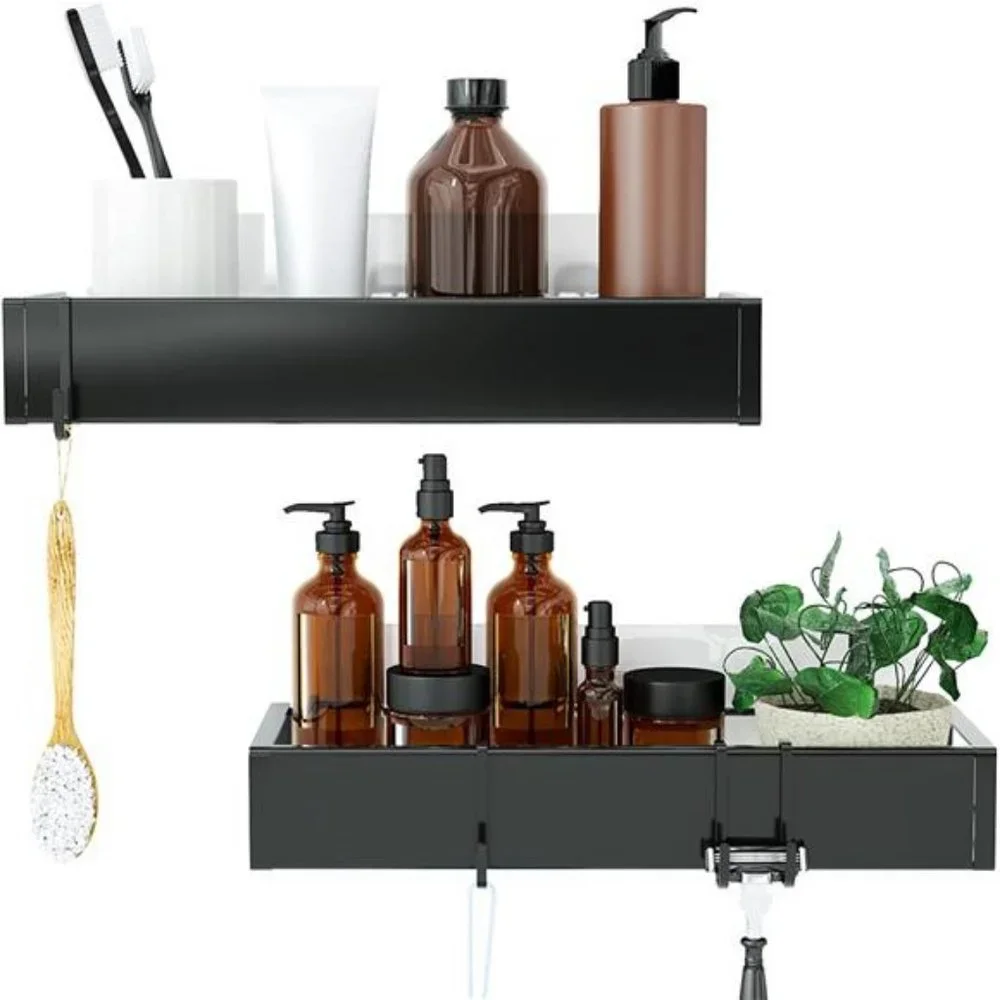 Shower Caddy, Self Adhesive Shower Shelves With Hooks - 2 Pack Black